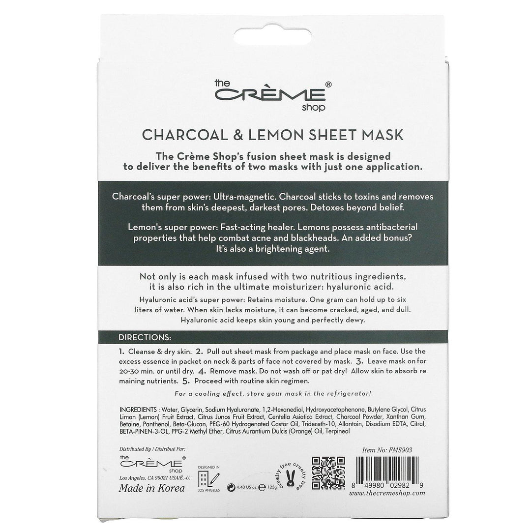 The Creme Shop, Fusion Beauty Sheet Mask, Charcoal Lemonade, 5 Sheets, 4.40 oz (125 g) - HealthCentralUSA