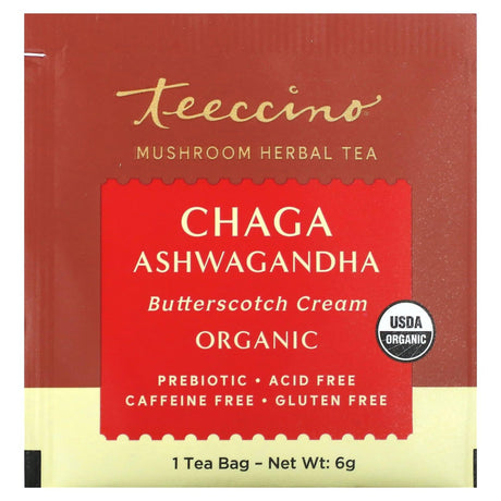 Teeccino, Organic Mushroom Herbal Tea, Chaga Ashwagandha, Butterscotch Cream, Caffeine Free, 25 Tea Bags, 5.3 oz (150 g) - Supply Center USA