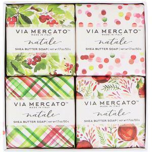 European Soaps, Via Mercato, Natale, Shea Butter Soaps Set, 4 Soaps, 50 g Each - Supply Center USA