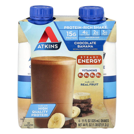 Atkins, Protein-Rich Shake, Chocolate Banana, 4 Shakes, 11 fl oz (325 ml) Each - Supply Center USA