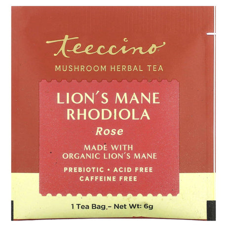 Teeccino, Mushroom Herbal Tea, Lion's Mane Rhodiola, Rose, Caffeine Free, 10 Tea Bags, 2.12 oz (60 g) - Supply Center USA