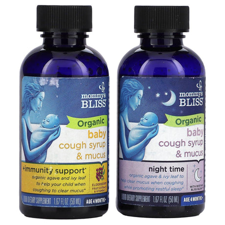 Mommy's Bliss, Baby, Organic Cough Syrup & Mucus, Day/Night Pack, Age 4 Months+, 2 Pack, 1.67 fl oz (50 ml) Each - Supply Center USA