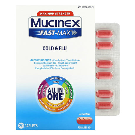 Mucinex, Fast-Max Cold & Flu, Maximum Strength, For Ages 12+, 20 Caplets - Supply Center USA