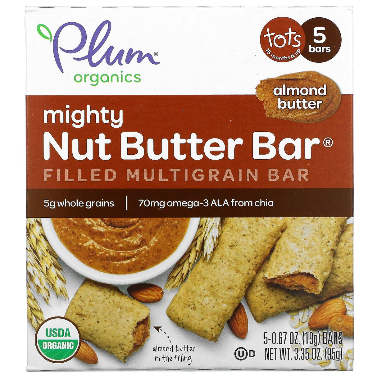 Plum Organics, Mighty Nut Butter Bar, 15 Months & Up, Almond Butter, 5 Bars, 0.67 oz (19 g) Each - Supply Center USA