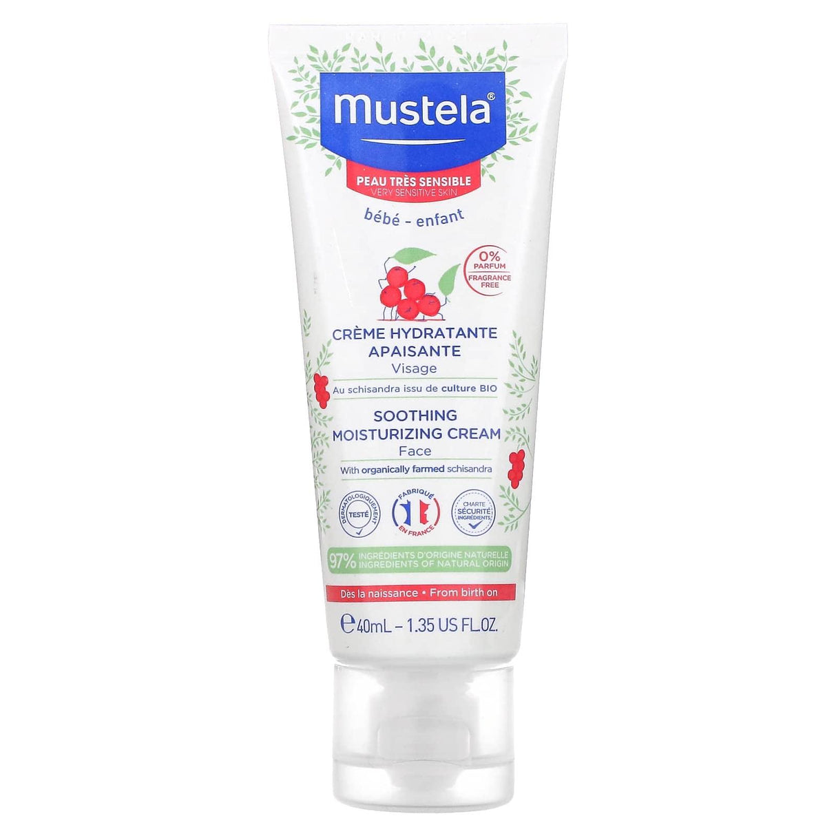 Mustela, Soothing Moisturizing Face Cream with Schisandra, Fragrance Free, 1.35 fl oz (40 ml) - Supply Center USA