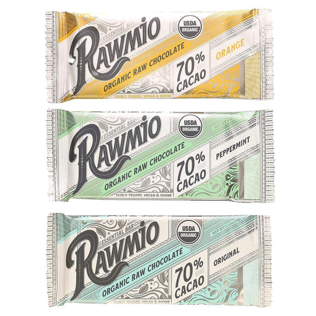 Rawmio, Essential Bar, Organic Raw Chocolate, 70% Cacao, Orange, Peppermint, Original , 3 Bars, 1.1 oz (30 g) Each - Supply Center USA