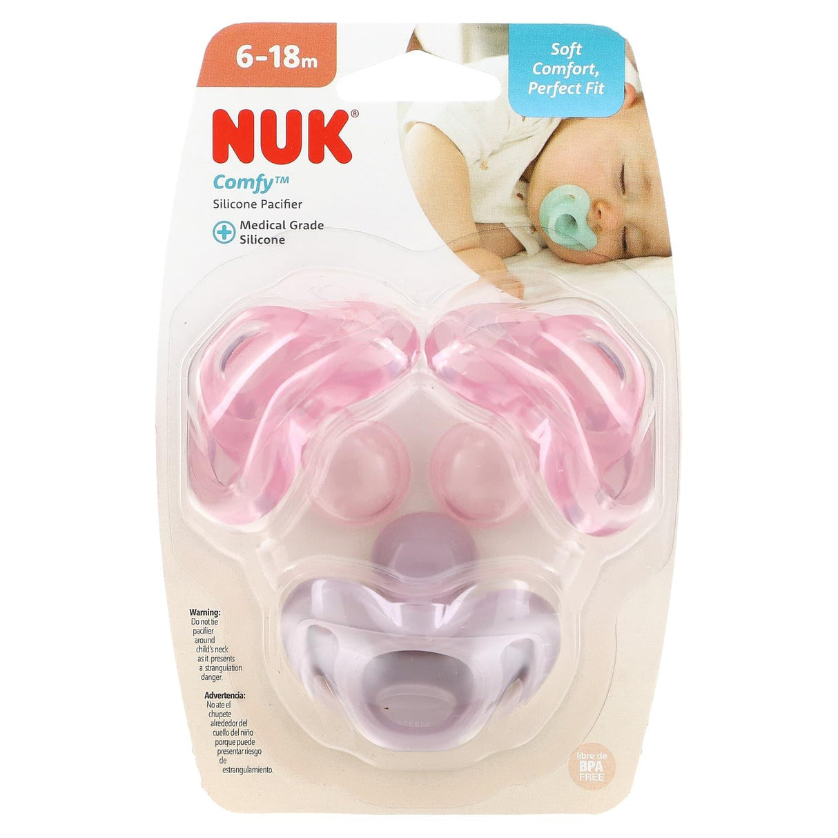 NUK, Silicone Pacifier, Comfy, 6-18 Months, Pink & Purple, 3 Pack - Supply Center USA