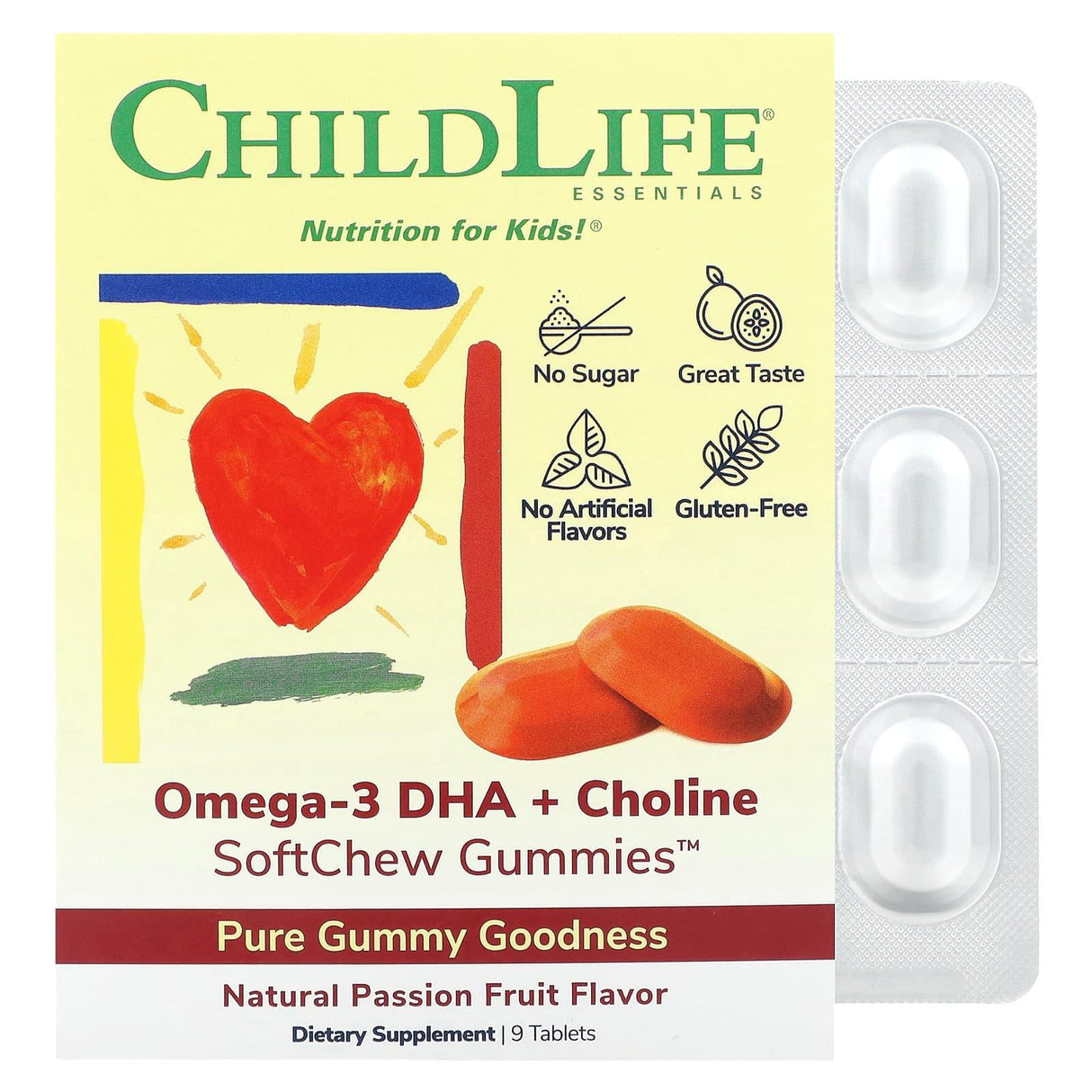 ChildLife Essentials, Omega-3 DHA + Choline SoftChew Gummies, Natural Passion Fruit, 9 Tablets - Supply Center USA