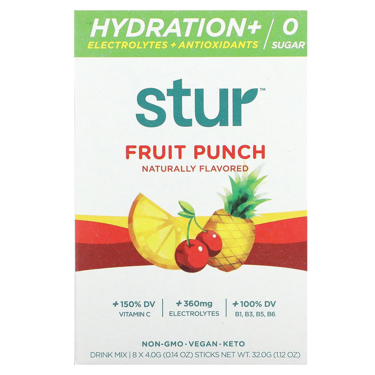 Stur, Hydration + Electrolytes + Antioxidants Drink Mix, Fruit Punch, 8 Sticks, 0.14 oz (4 g) Each - Supply Center USA