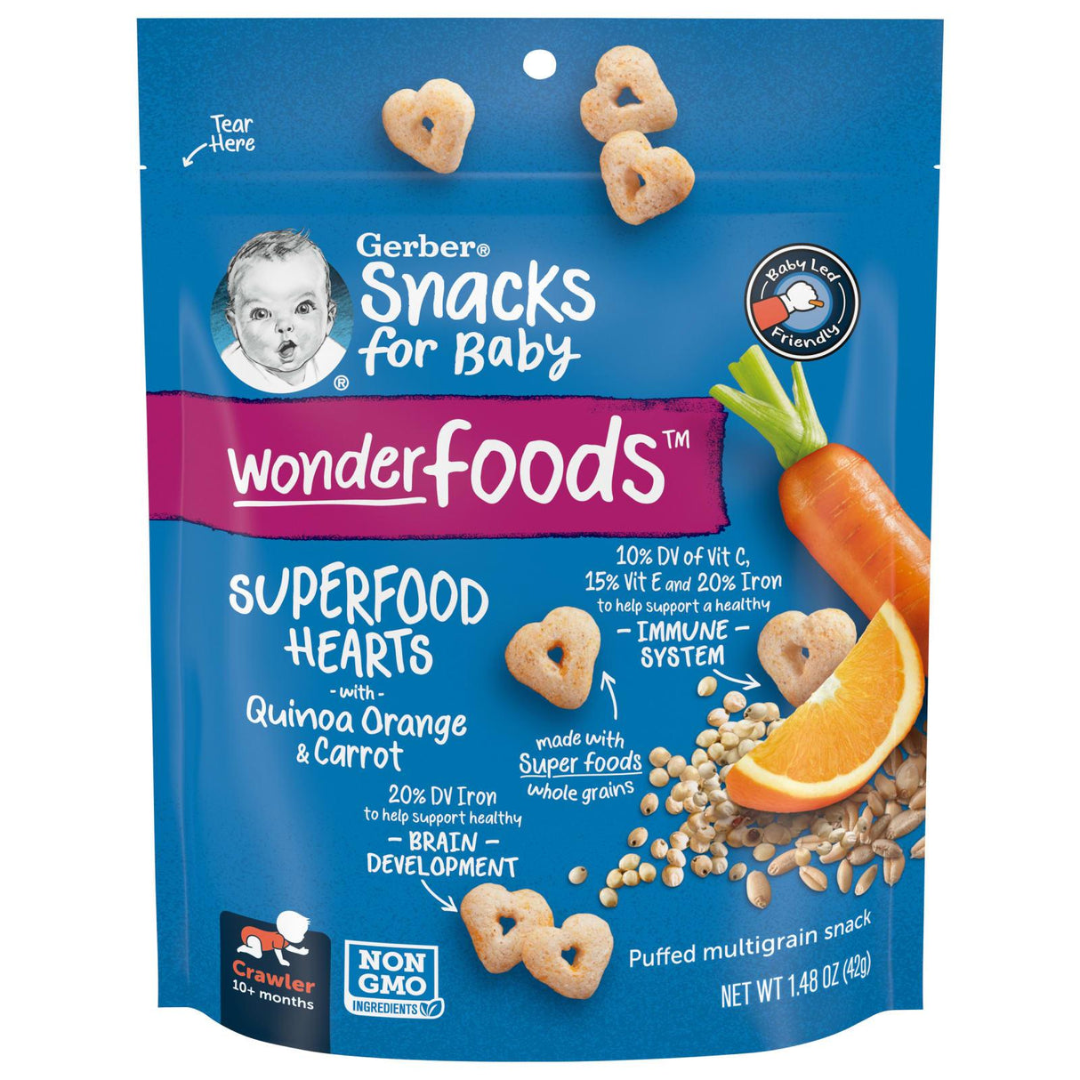 Gerber, Snacks for Baby, Wonder Foods, SuperFood Hearts, 10+ Months, Quinoa Orange and Carrot, 1.48 oz (42 g) - Supply Center USA