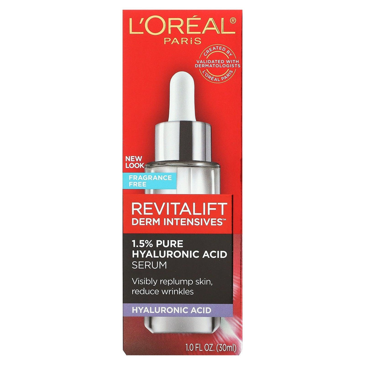 L'Oréal, Revitalift Derm Intensives, 1.5% Pure Hyaluronic Acid Serum, Fragrance Free, 1 fl oz (30 ml) - Supply Center USA