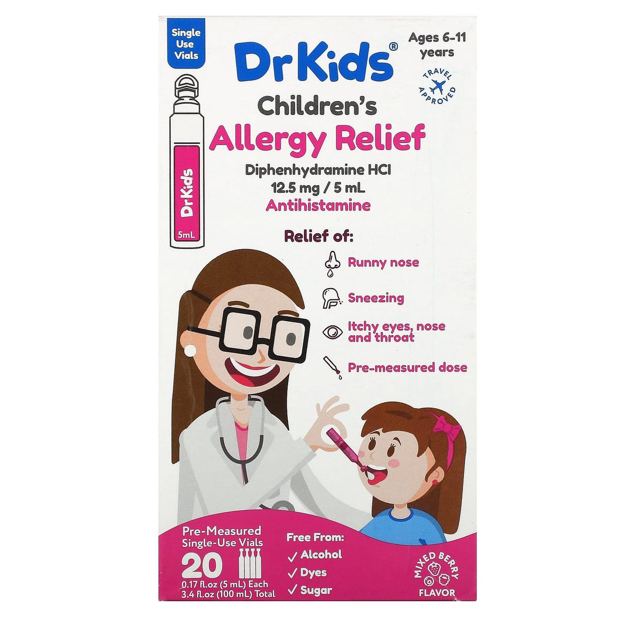 DrKids, Children's Allergy Relief, Ages 6-11 Years, Mixed Berry, 20 Single-Use Vials, 0.17 fl oz (5 ml ) Each - Supply Center USA