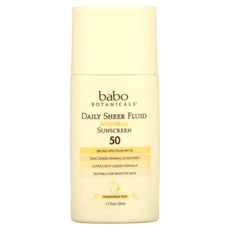 Babo Botanicals, Daily Sheer Fluid Mineral Sunscreen 50, Fragrance Free , 1.7 fl oz (50 ml) - Supply Center USA