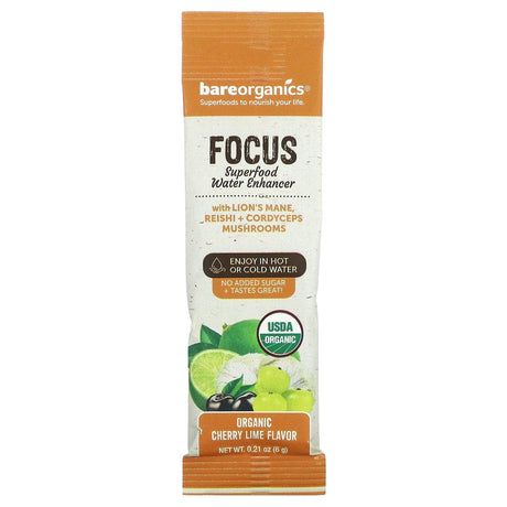 BareOrganics, Focus, Superfood Water Enhancer, Organic Cherry Lime, 5 Stick Packets, 0.21 oz (6 g) Each - Supply Center USA