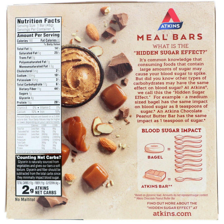 Atkins, Meal Bar, Chocolate Almond Caramel Bar, 5 Bars, 1.69 oz (48 g) Each - HealthCentralUSA