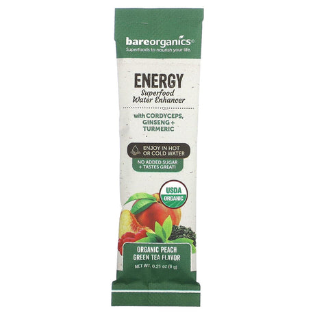 BareOrganics, Energy, Superfood Water Enhancer, Organic Peach Green Tea, 12 Stick Packets, 0.21 oz (6 g) Each - Supply Center USA