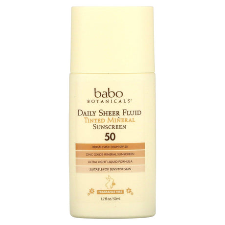 Babo Botanicals, Daily Sheer Fluid Tinted Mineral Sunscreen 50, Fragrance Free, 1.7 fl oz (50 ml) - Supply Center USA