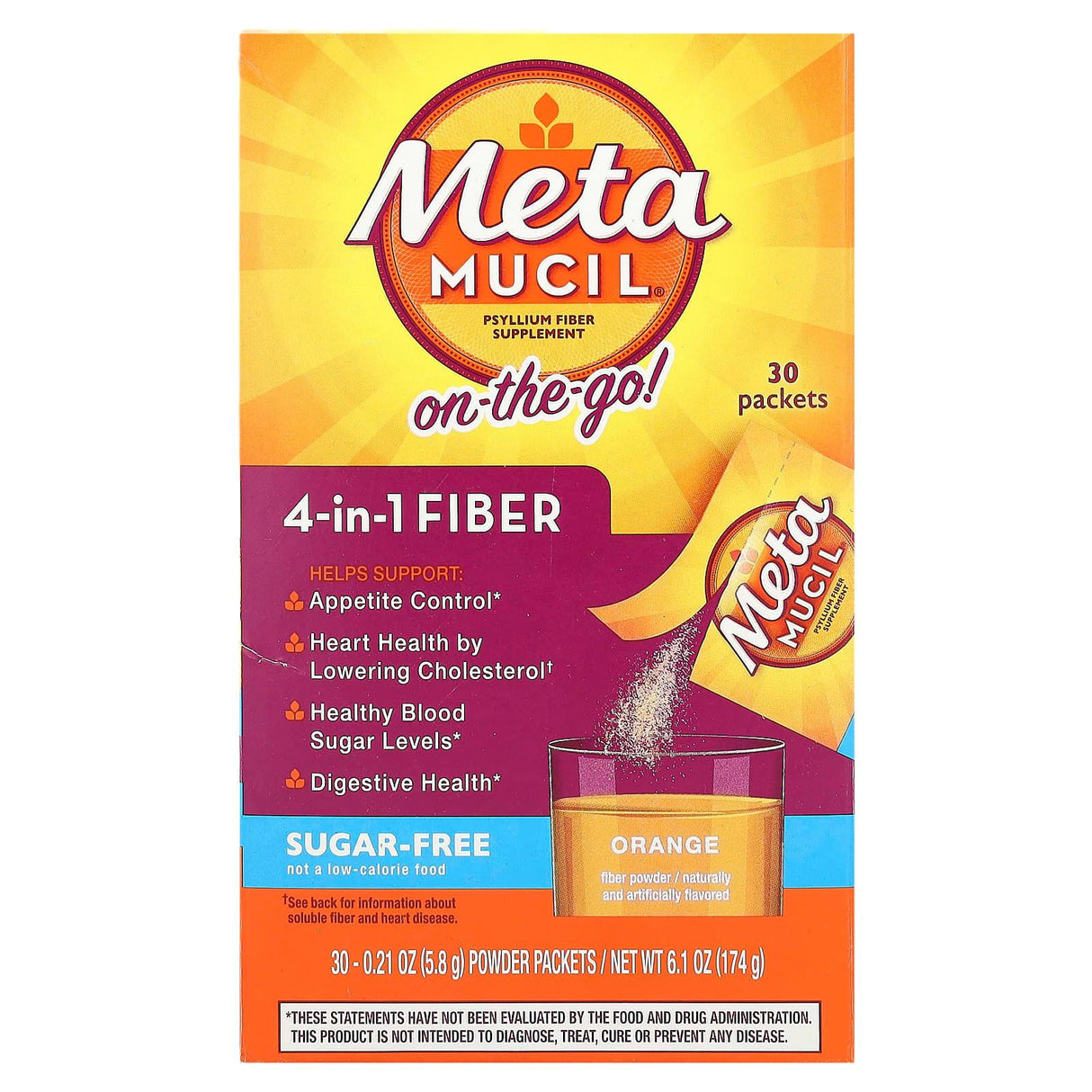 Metamucil, On-The-Go, 4-in-1 Fiber, Sugar-Free, Orange, 30 Powder Packets, 0.21 oz (5.8 g) Each - Supply Center USA