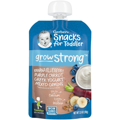 Gerber, Snacks for Toddler, Grow Strong, 12+ Months, Banana, Blueberry, Purple, Carrot, Greek Yogurt, Mixed Grains, 3.5 oz (99 g) - Supply Center USA