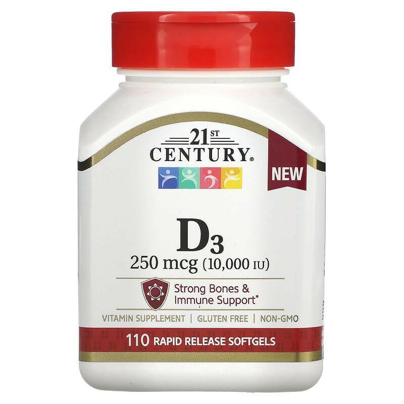 21st Century, Vitamin D3, 250 mcg (10,000 IU), 110 Rapid Release Softgels - Supply Center USA