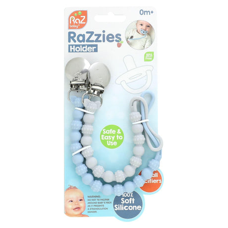 RaZbaby, RaZzies Pacifier Holder, 0m+, Blue/Grey, 2 Holders - Supply Center USA