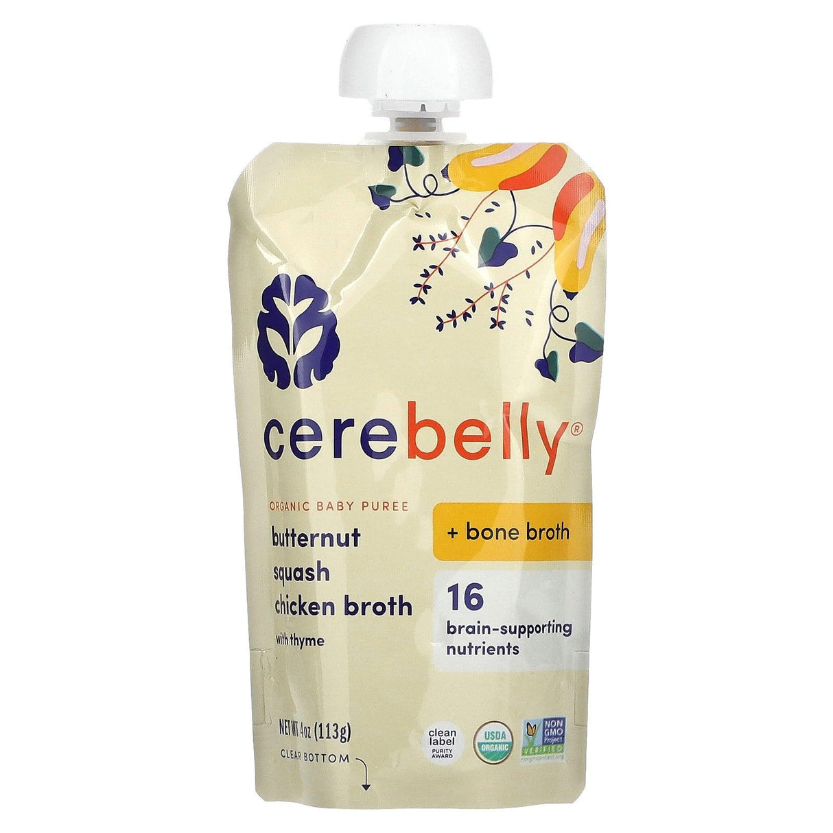 Cerebelly, Organic Baby Puree, Butternut, Squash, Chicken Broth with Thyme, 6 Pouches, 4 oz (113 g) Each - Supply Center USA