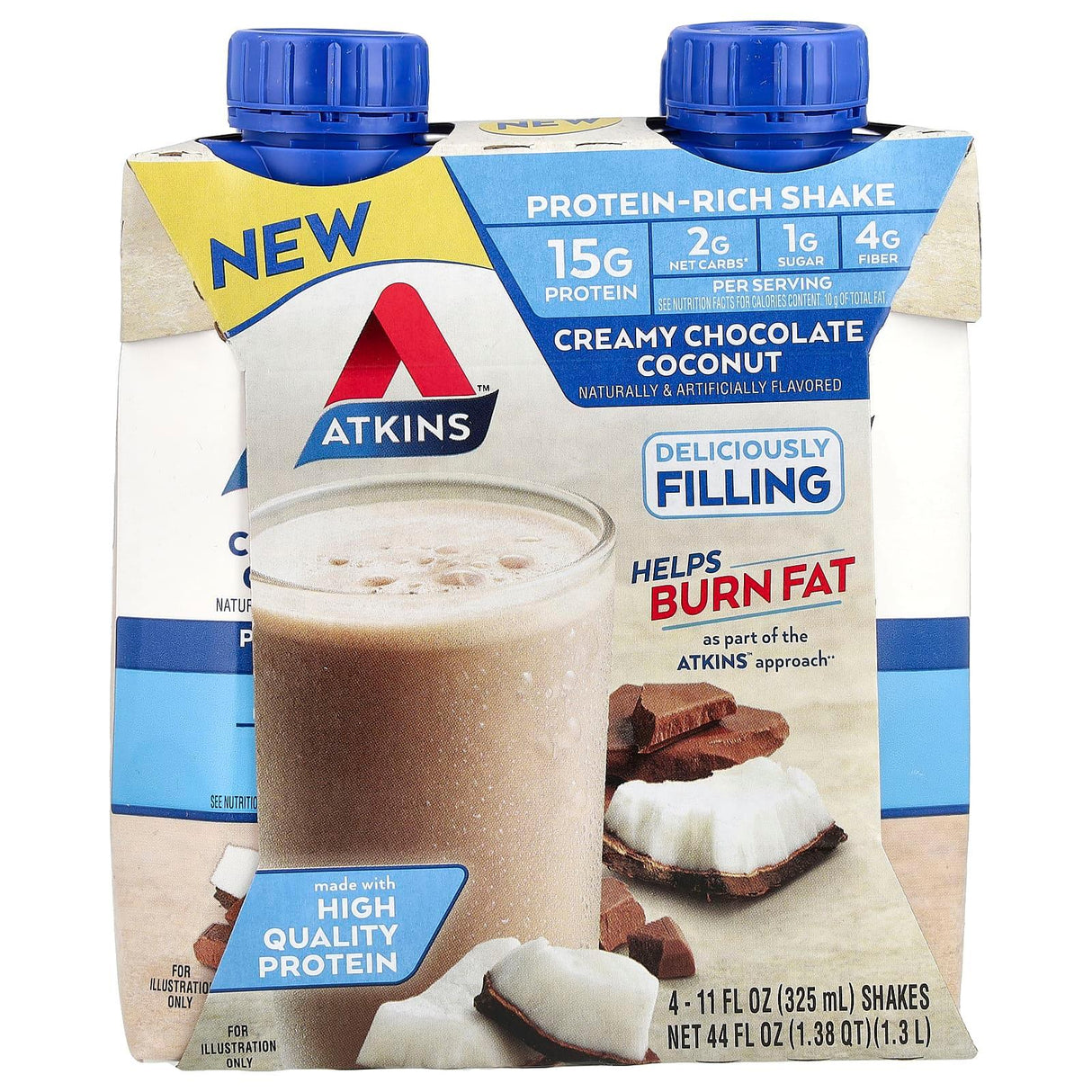 Atkins, Protein-Rich Shake, Creamy Chocolate Coconut, 4 Shakes, 11 fl oz (325 ml) Each - Supply Center USA