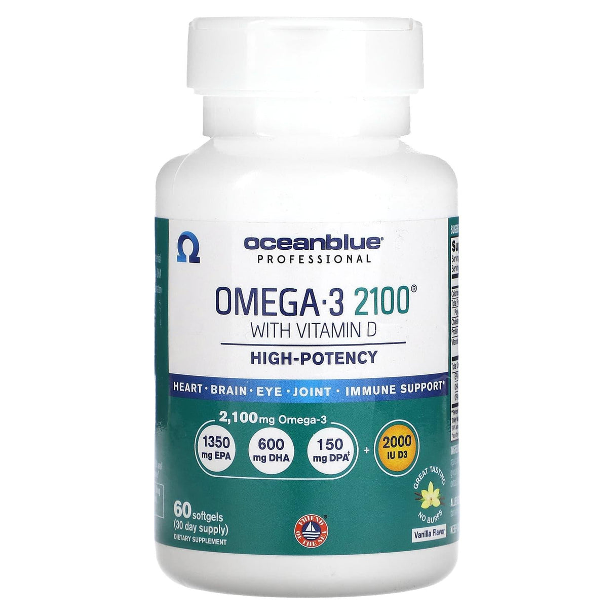 OceanBlue, Professional, Omega-3 2100 With Vitamin D, High Potency, Vanilla, 60 Softgels - Supply Center USA