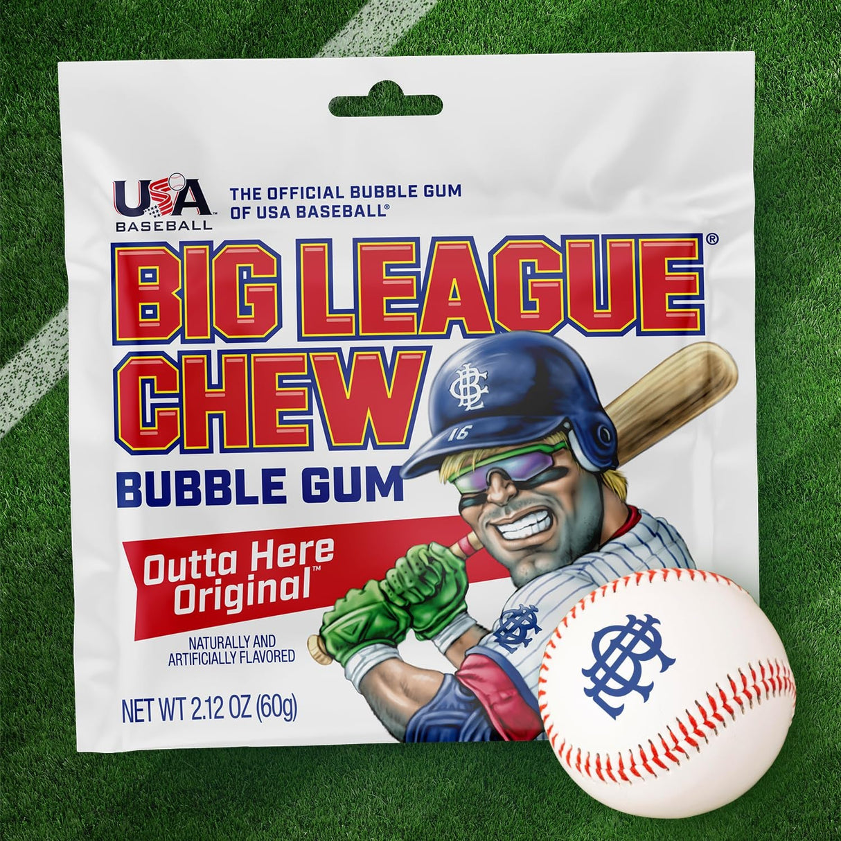 Big League Chew Outta Here Original Bubble Gum - Classic Ballpark Flavor | Perfect for Baseball Games, Teams, Concessions, Parties, and More | Pack of 12 Bags (2.12Oz Each)
