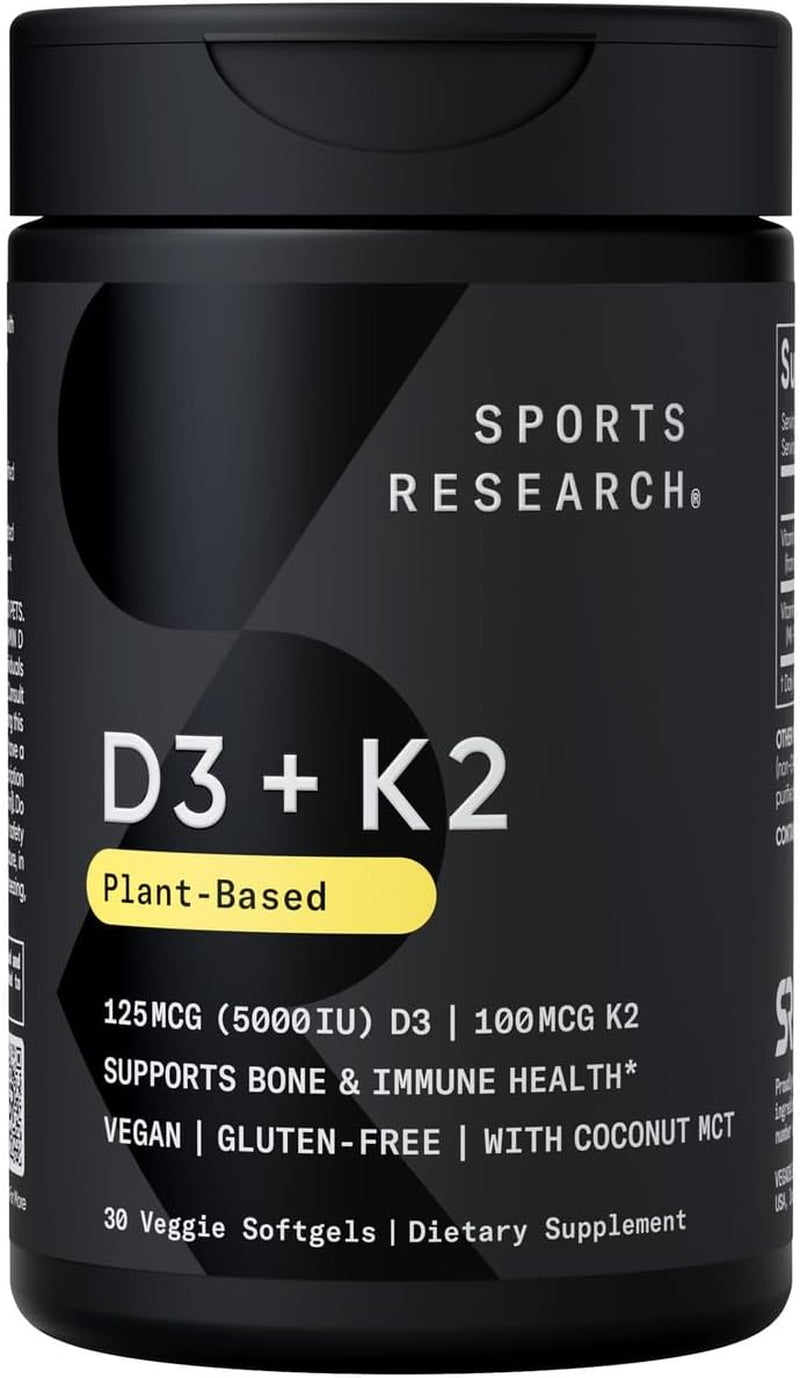 Sports Research Vitamin D3 K2 with Coconut Oil | Plant Based Vitamin K2 MK7 + Vegan D3 5000Iu | Vegan Certified, Soy & Gluten Free - 60 Count Softgels