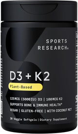 Sports Research Vitamin D3 K2 with Coconut Oil | Plant Based Vitamin K2 MK7 + Vegan D3 5000Iu | Vegan Certified, Soy & Gluten Free - 60 Count Softgels