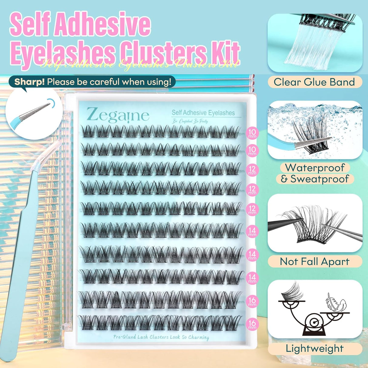 Self Adhesive Lashes Clusters Kit Natural Self Adhesive Cluster Eyelash Extensions Kit Reusable Wispy Cluster Lashes No Glue Needed Fluffy D Curl Individual Lashes Kit with Tweezers 10-16MM by Zegaine
