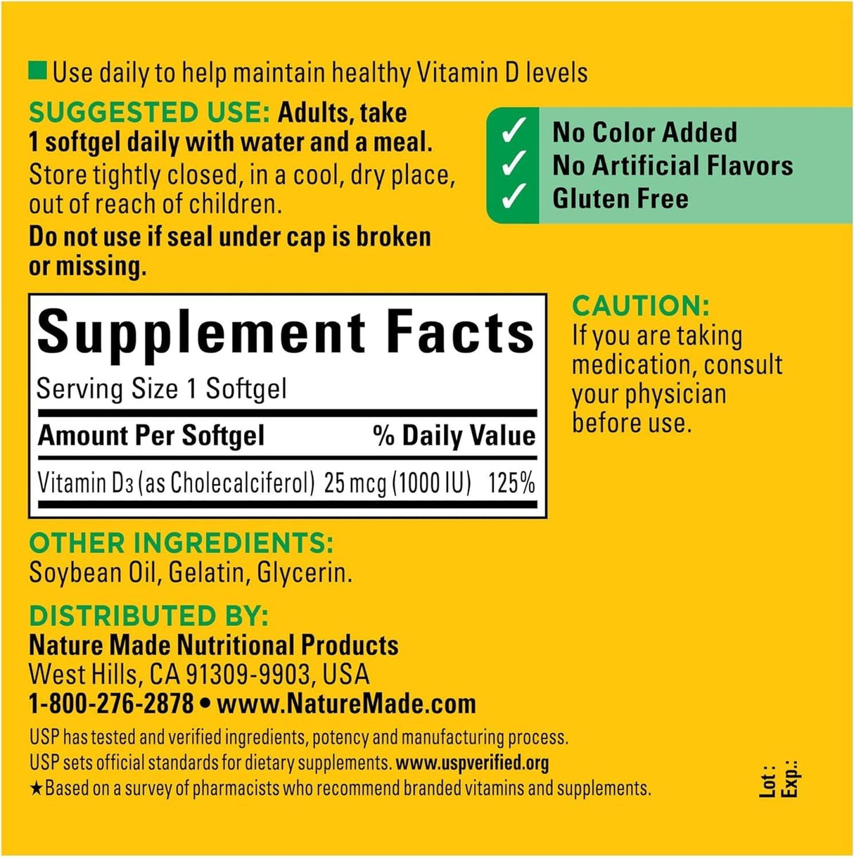 Nature Made Vitamin D3 1000 IU (25 Mcg) Softgel, Dietary Supplement for Bone, Teeth, Muscle and Immune Health Support, 300 Day Supply,300 Count (Pack of 1) - Supply Center USA