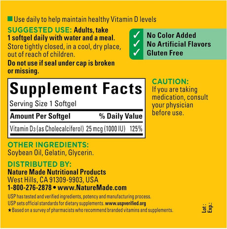 Nature Made Vitamin D3 1000 IU (25 Mcg) Softgel, Dietary Supplement for Bone, Teeth, Muscle and Immune Health Support, 300 Day Supply,300 Count (Pack of 1) - Supply Center USA