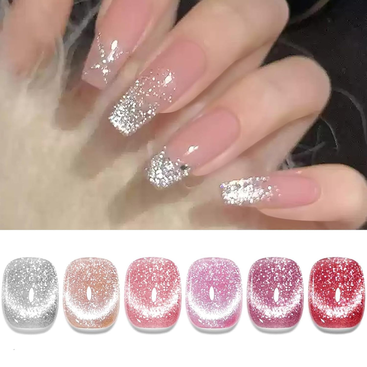 Born Pretty Cat Magnetic Eye Gel Nail Polish, Holographic Glitter Milky Jelly Cat Magnetic Gel Blue Green Purple Pink Nude Silver Nail Art Gel Manicure Salon DIY Gifts 7ML 6PCS