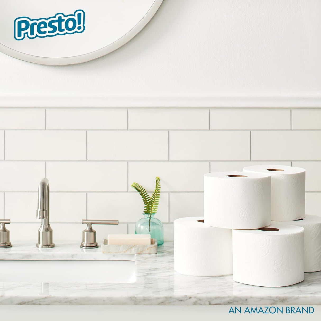 Amazon Brand - Presto! 313 2-Ply Sheet Mega Roll Toilet Paper, Unscented, Ultra-Soft, 12 Rolls (2 Packs of 6), Equivalent to 60 Regular Rolls, White