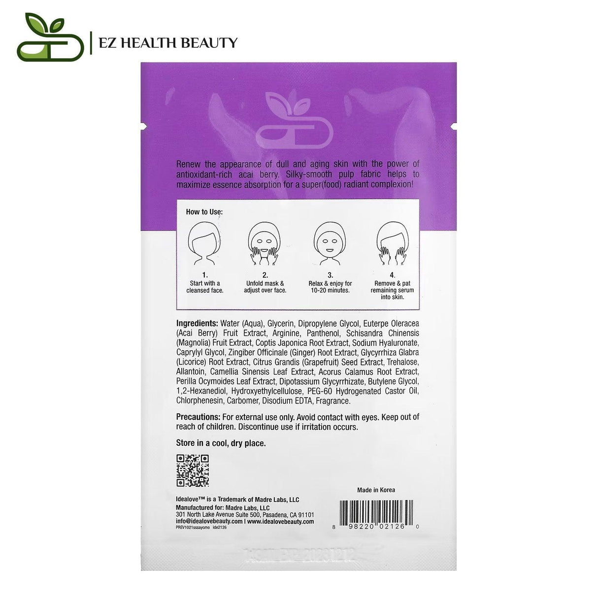 Idealove, Superfood Skin Savior, Acai You Checking Me Out, 1 Beauty Sheet Mask, 0.68 fl oz (20 ml) - Supply Center USA