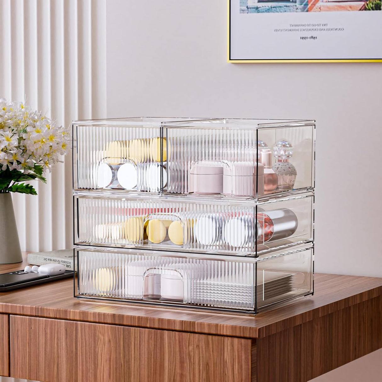 ZHIAI Stackable Storage Box, Acrylic Organizer, Cosmetic Organizer for Cosmetics and Beauty Products for Dressers, Bathrooms, Cabinets, Bedrooms and Home Organization 4 Piece Set