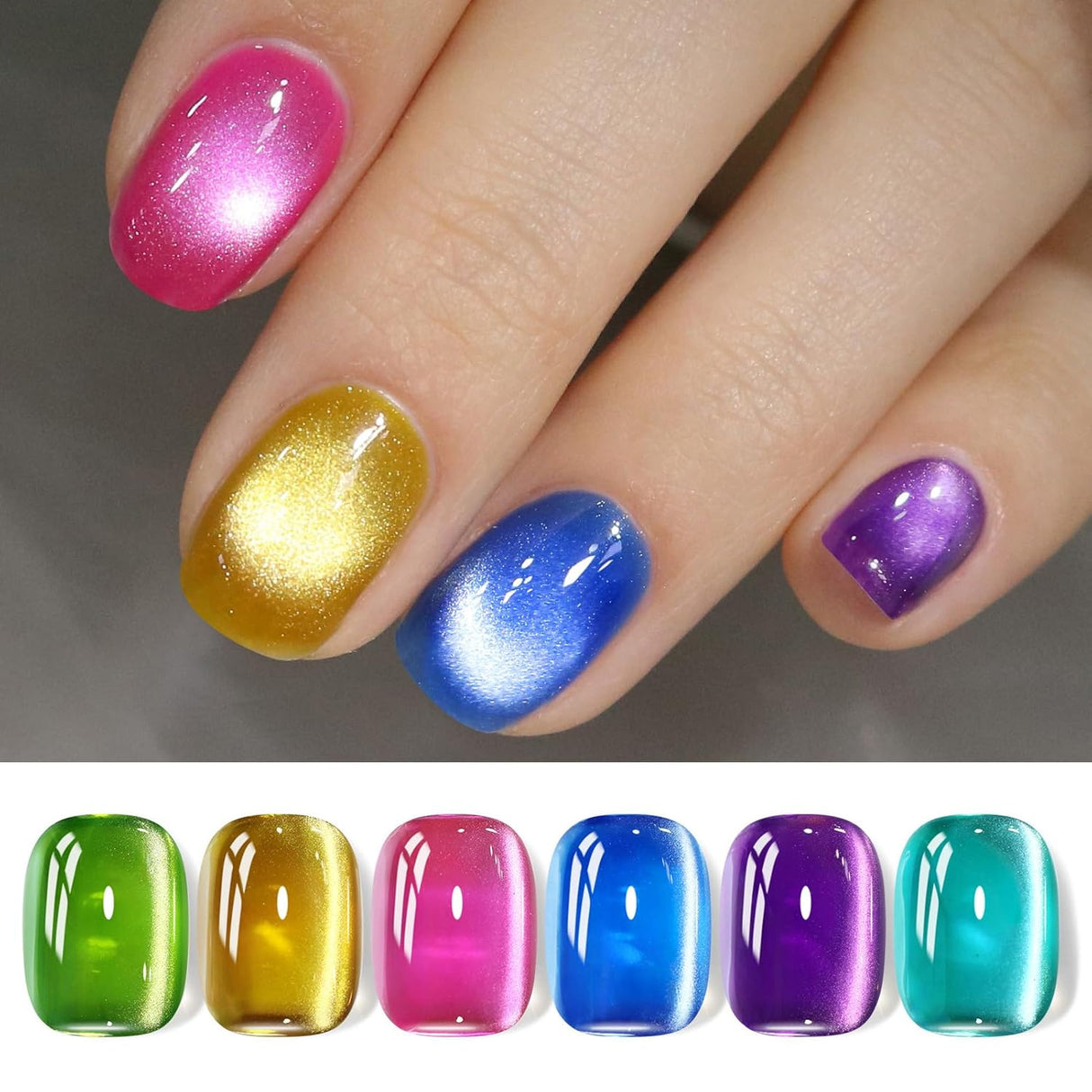 Born Pretty Cat Magnetic Eye Gel Nail Polish, Holographic Glitter Milky Jelly Cat Magnetic Gel Blue Green Purple Pink Nude Silver Nail Art Gel Manicure Salon DIY Gifts 7ML 6PCS
