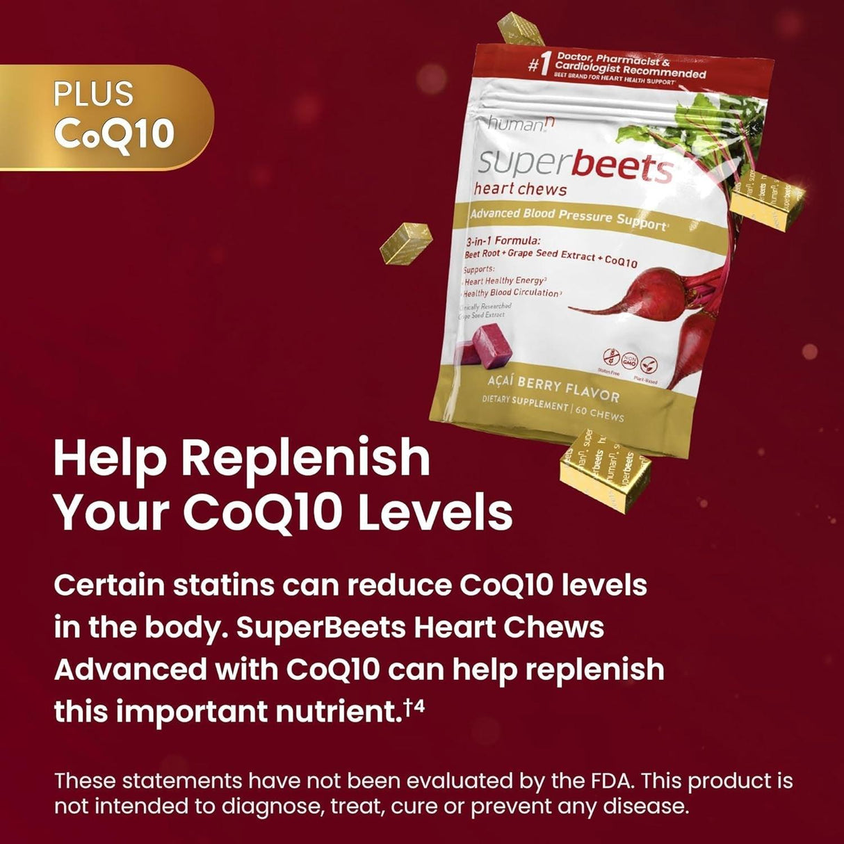 Humann Superbeets Heart Chews Advanced - 100Mg of Coq10 plus Beetroot & Grape Seed Extract, 60 Count - Supply Center USA