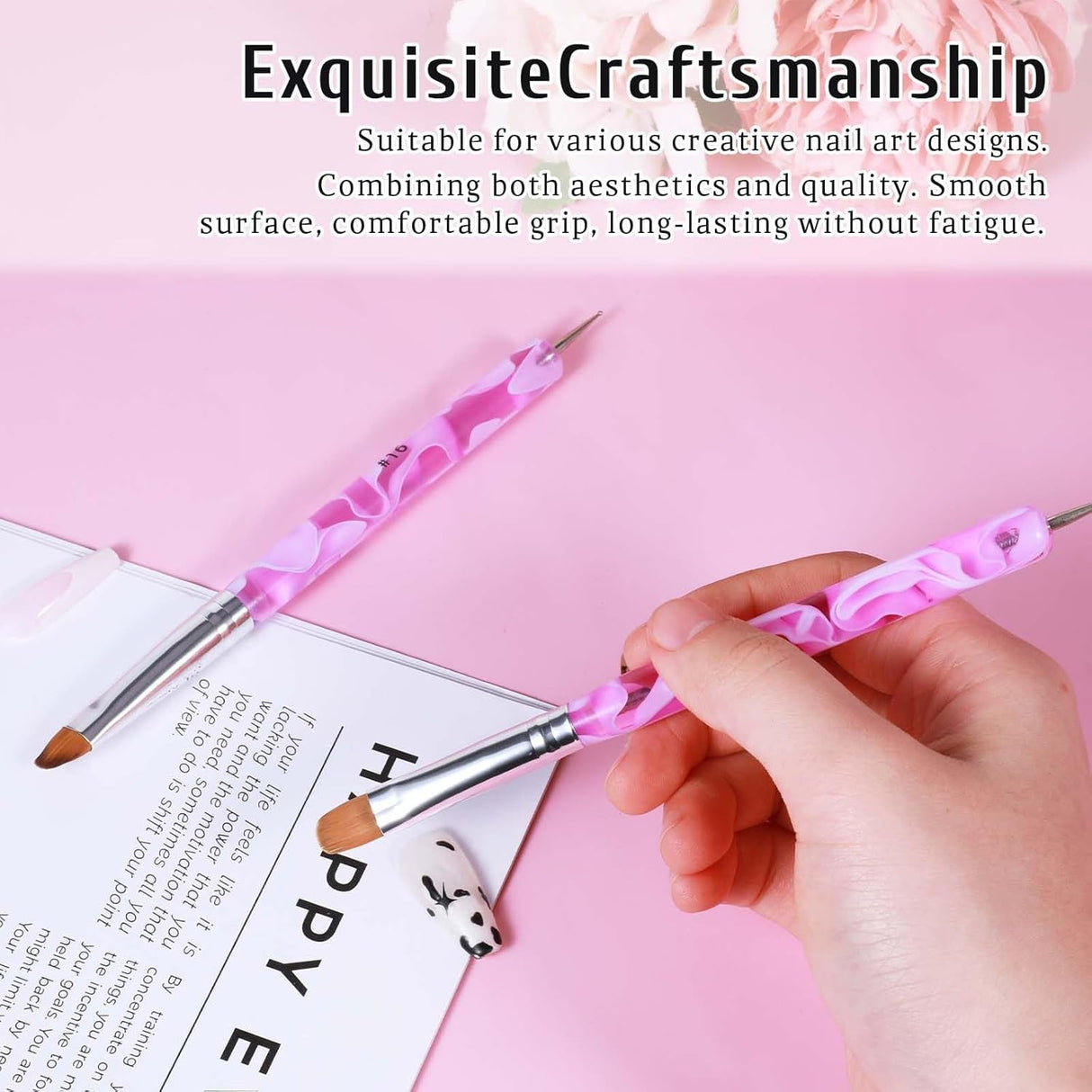 French Gel Acrylic Nail Art Brush & Dotting Tool, Premium 2 Way French Nail Art Kolinsky Brush for Professional Manicure Cuticle Clean up Nail Art Design French Tips Brushes (Size 14 & 16)