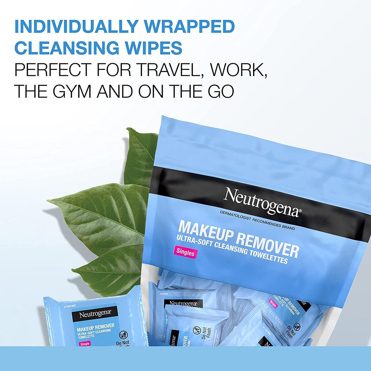 Neutrogena Makeup Remover Facial Cleansing Towelette Singles, Daily Face Wipes Remove Dirt, Oil, Makeup & Waterproof Mascara, Gentle, Individually Wrapped, 100% Plant-Based Fibers, 20 Ct - Supply Center USA