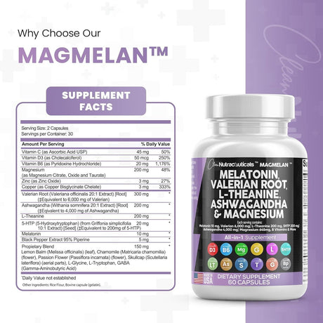 Clean Nutraceuticals Melatonin 10Mg Valerian Root 6000Mg L Theanine 200Mg Ashwagandha 4000Mg - Sleep Support for Women & Men with Magnesium Complex, Lemon Balm, Chamomile, & Passion Flower - 60 Caps - Supply Center USA