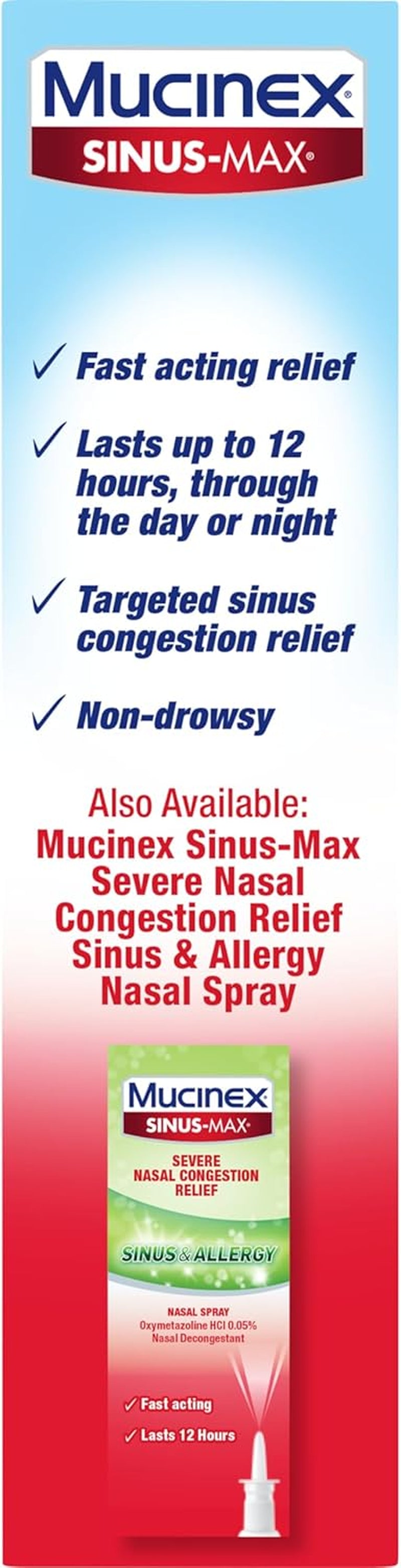 Mucinex Sinus-Max Nasal Spray Decongestant, 12 Hour Over-The-Counter Medication Nose Spray for Sinus Relief, Nasal Decongestants for Adults & Sinus Congestion, Cooling Menthol, 0.75 Fl Oz