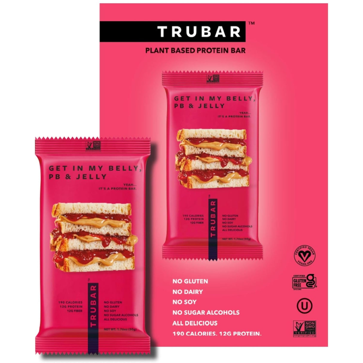 TRUBAR Vegan Protein Bar, Oh Oh Cookie Dough, Gluten Free, Plant Based Protein, Dairy Free, Non GMO, Soy Free, No Sugar Alcohols, 12G Protein, 12G Fiber, 23G Carb, Healthy on the Go Snack Bars, 12 CT