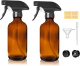 8 Oz Amber Glass Spray Bottles - 2 Pack Empty Refillable Bottle for Cleaning Solutions,Hair Care,Essential Oils, Plants - Durable Nozzle,With Labels &Funnel, Dropper