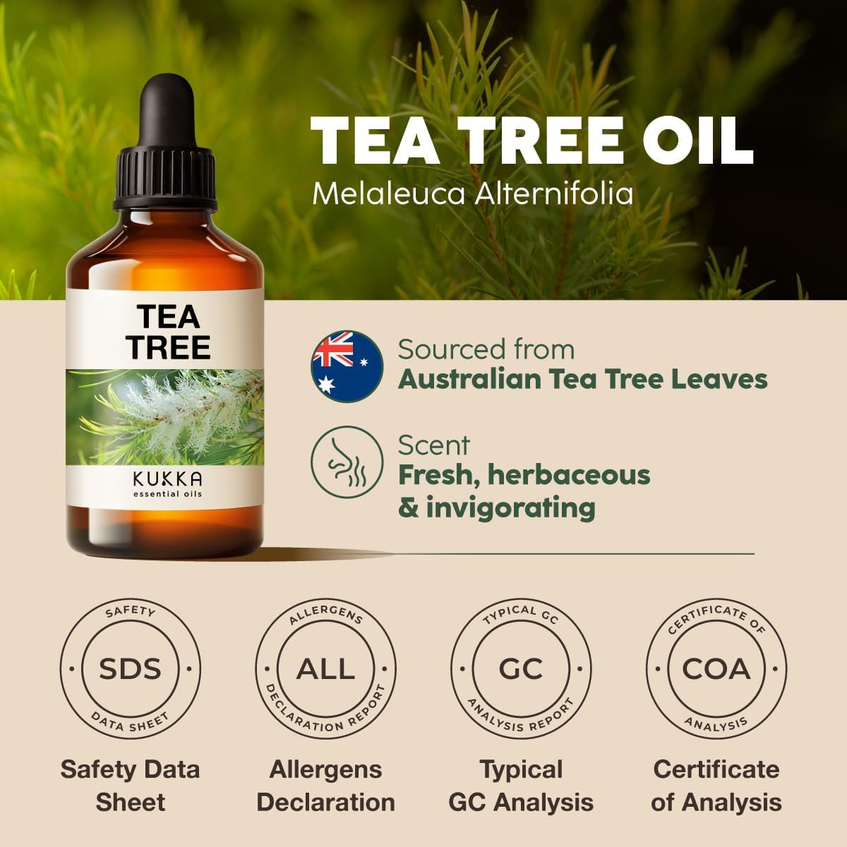 Kukka Tea Tree Oil for Skin, Healthy Hair & Toenails - Huge 4 Fl Oz - 100% Pure Natural Australian Tea Tree Essential Oil - Experience Therapeutic Melaleuca Oil for Scalp, Nails & Soap Making Scent