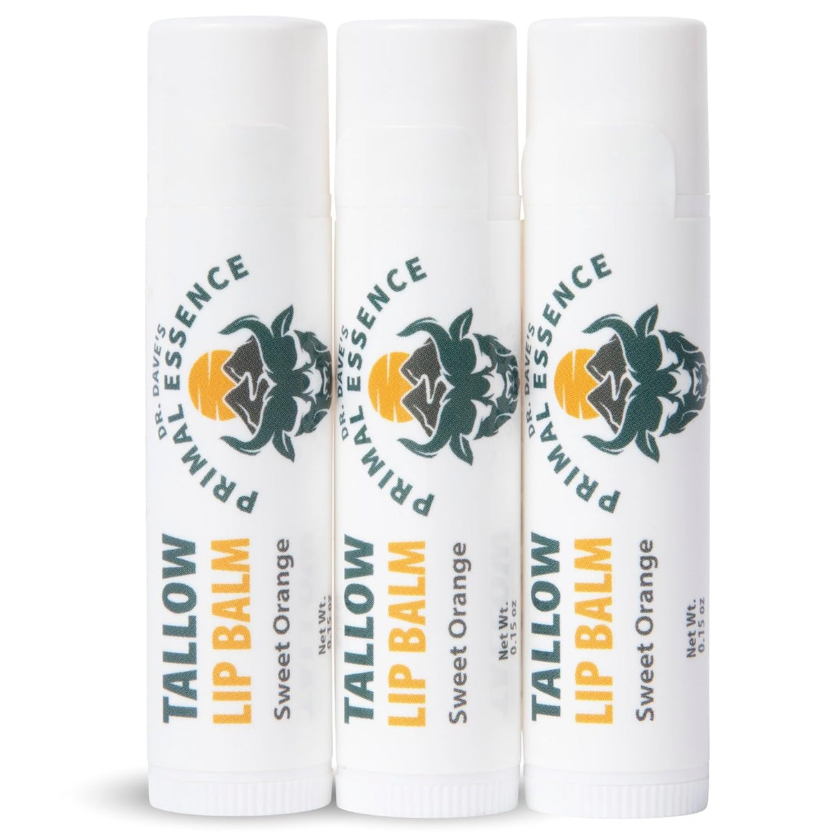 Dr. Dave'S Primal Essence Moisturizing Tallow Lip Balm - Nourishing and Soothing Grass Fed Beef Tallow with Organic Coconut Oil, Beeswax, and Vitamin E - Sweet Orange Lip Balm, 3-Pack