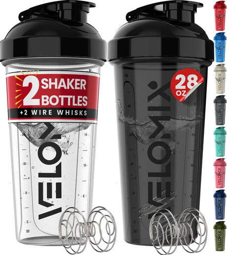 -2 Pack- 28 Oz Protein Shaker Bottles for Protein Mixes - 2X Wire Whisk | Leak Proof Shaker Cups for Protein Shakes | Protein Shaker Bottle Pack | Shakers for Protein Shakes-Black&Transparent