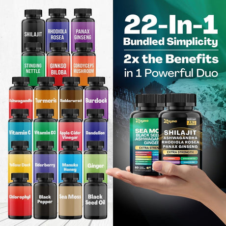 Dynamic Vitality Bundle - Sea Moss 7000Mg, Black Seed Oil 4000Mg, Ashwagandha 2000Mg, Ginger & Shilajit 9000Mg, Rhodiola Rosea 1000Mg, Panax Ginseng 1500Mg, All in 1 Supplements (60 Count) - Supply Center USA